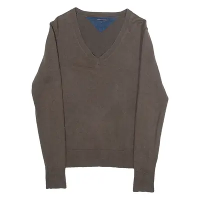 TOMMY HILFIGER Womens Jumper Brown V-Neck Tight Knit S