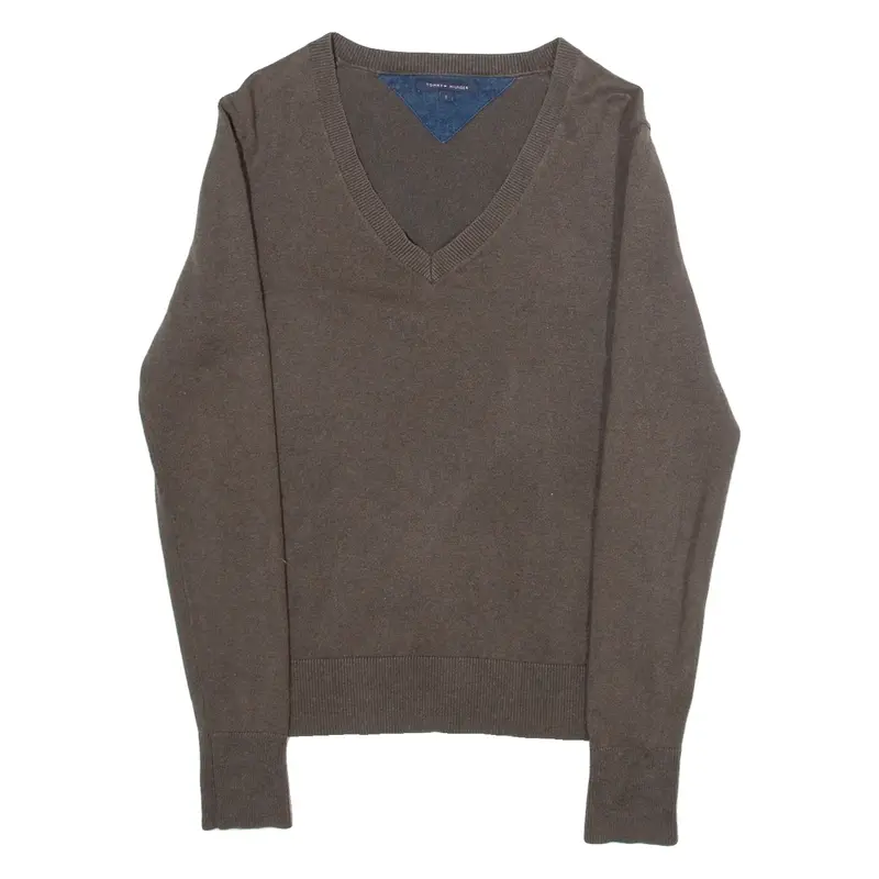 TOMMY HILFIGER Womens Jumper Brown V-Neck Tight Knit S