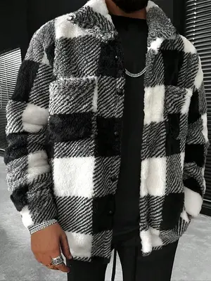 Men's Plaid Pattern Button Front Plush Jacket, Casual Drop Shoulder Long Sleeve Outerwear for Fall & Winter, Men's Clothes fo...