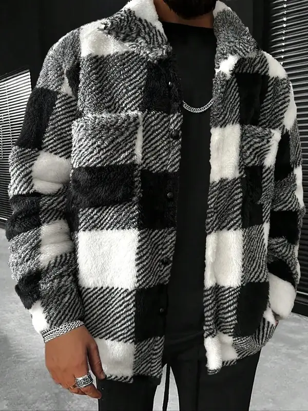 Men's Plaid Pattern Button Front Plush Jacket, Casual Drop Shoulder Long Sleeve Outerwear for Fall & Winter, Men's Clothes fo...