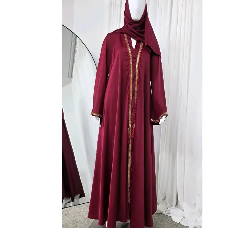 Herglam Elegant Abaya 3 Piece Set with Tur - Maroon Color with Gold Trim Design