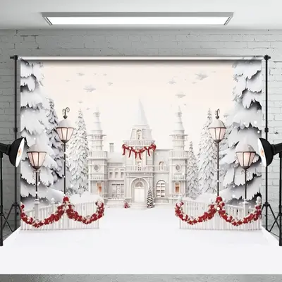 Aperturee White Luxury Castle Trees Snowy Christmas Backdrop - Aperturee