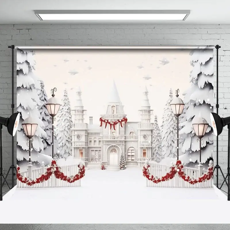 Aperturee White Luxury Castle Trees Snowy Christmas Backdrop - Aperturee