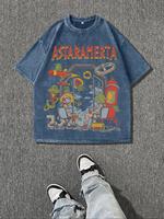 Men's Cartoon Astronaut & Letter Print Short Sleeve T-Shirt, Regular Fit Casual Retro Round Neck Tee for Summer, Men's Top fo...