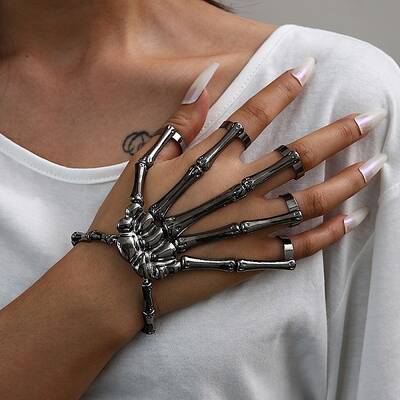 Punk Style Alloy Skeleton Hand Ring Bracelets with Finger Nails Tip Claw