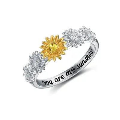 Sterling Silver Two-tone Round Shaped Crystal Sunflower Ring with Engraved Word
