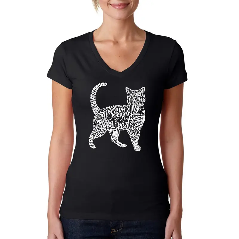 Cat - Women's Word Art V-Neck T-Shirt - Black - Small