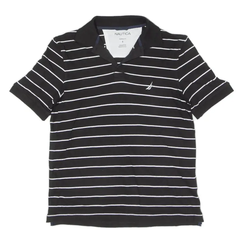 NAUTICA Classic Fit Polo Shirt Black Striped Short Sleeve Mens S