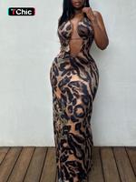 Women's Leopard Print Tie Back Halter Neck Dress, Sexy Fashion Sleeveless Backless Maxi Dress for Party Club Dating Wear, Wom...