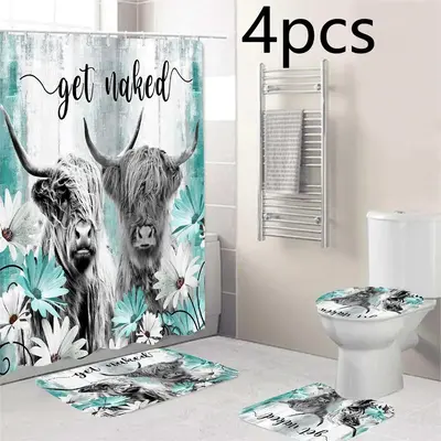 Room Decor Bathroom Decorations, 1 Count Flower & Cow Print Shower Curtain with Hook Or 4 Counts/set Shower Curtain & Toilet ...