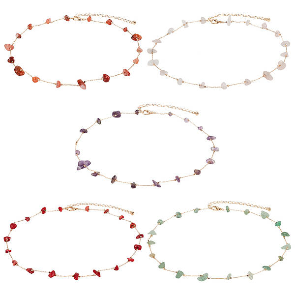 5Pcs 5 Style Natural Mixed Gemstone Chips Beaded Necklace for Women