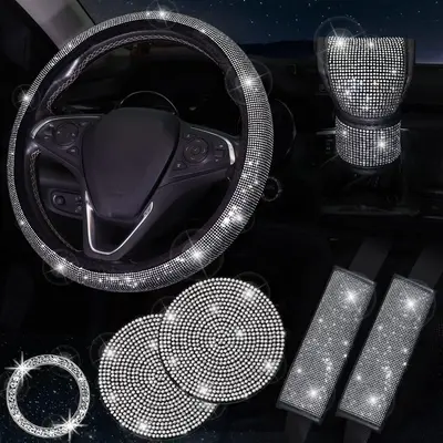 Rhinestone Decor Car Interior Decoration Set, Car Accessories for Girls, Car Stuff, Glitter Car Steering Wheel Cover & Star...
