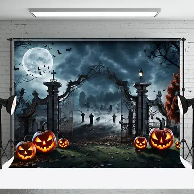 Moonlight Manor Tomb Pumpkin Horror Happy Halloween Backdrop