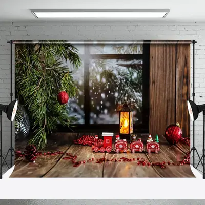 Pine Leaves Wood Window Toy Train Christmas Backdrop - Aperturee