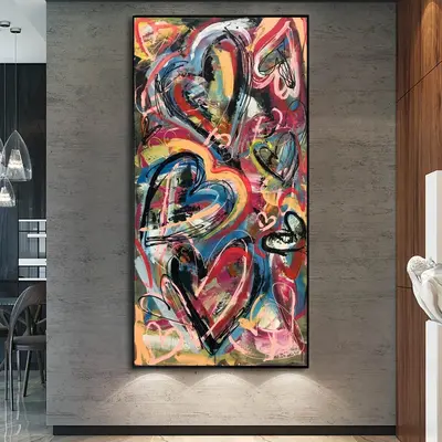 Abstract Colorful Wall Art Original Hearts Painting on Canvas Vibrant Artwork Street Style Wall Art Original Fine Art | EXPRE...