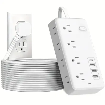 Flat Plug Surge Protector Outlet Extender Power Strip with Extension Cord, 8 AC Outlets, 4 USB Charging Ports (3 USB A & 1 US...