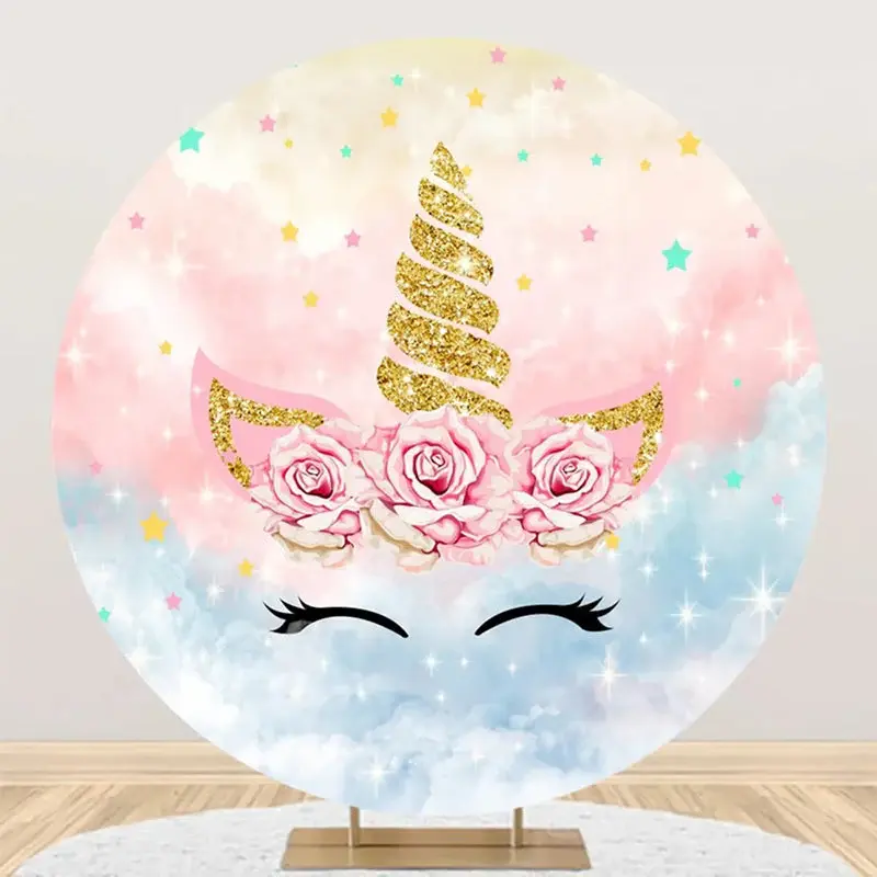 Unicorn Sparkle Pink Rose Round Birthday Backdrop - Aperturee