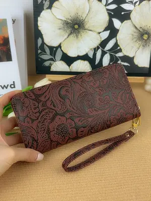 Women's Vintage Floral Pattern Embossed Long Wallet, Casual Zipper Wallet for Daily Used, Trendy All-match Multiple Slots Car...