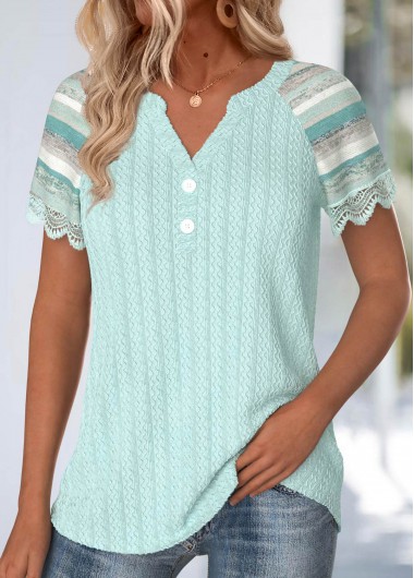 Modlily Mint Green Embroidery Multi Stripe Print T Shirt - S