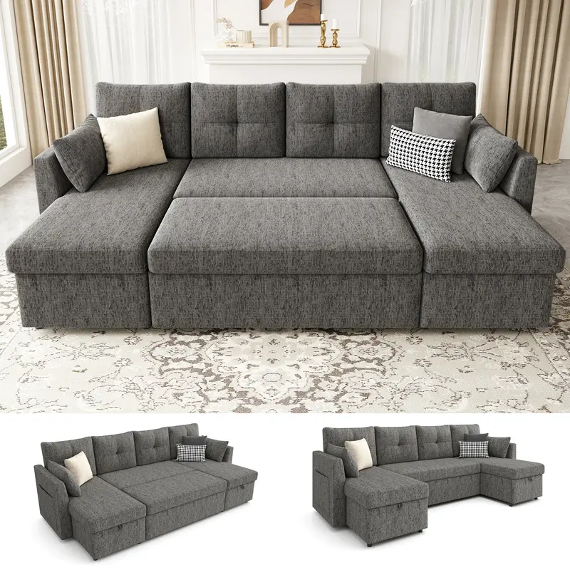 【3 Packages Shipping】 Oversized Sleeper Sofa Couch, 110 inch 2 in 1 Pullout Couch Bed with Double Storage Chaise, Section...