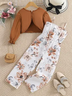 Toddler Girl's Co-ord Set, Casual Long Sleeve Top & Flower Print Jumpsuit, Summer Clothes for Kids Outdoor Holiday, Clothing