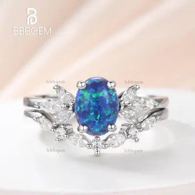 14K/18K  Vintage Black Opal Dimaond/Moissanite Engagement Ring Set 2pcs