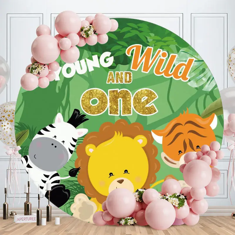 Aperturee Circle Cartoon Animals Round Birthday Backdrop