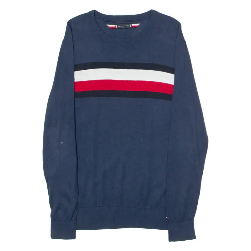 TOMMY HILFIGER Boys Patterned Jumper Blue Striped Crew Neck Tight Knit 11-12Y