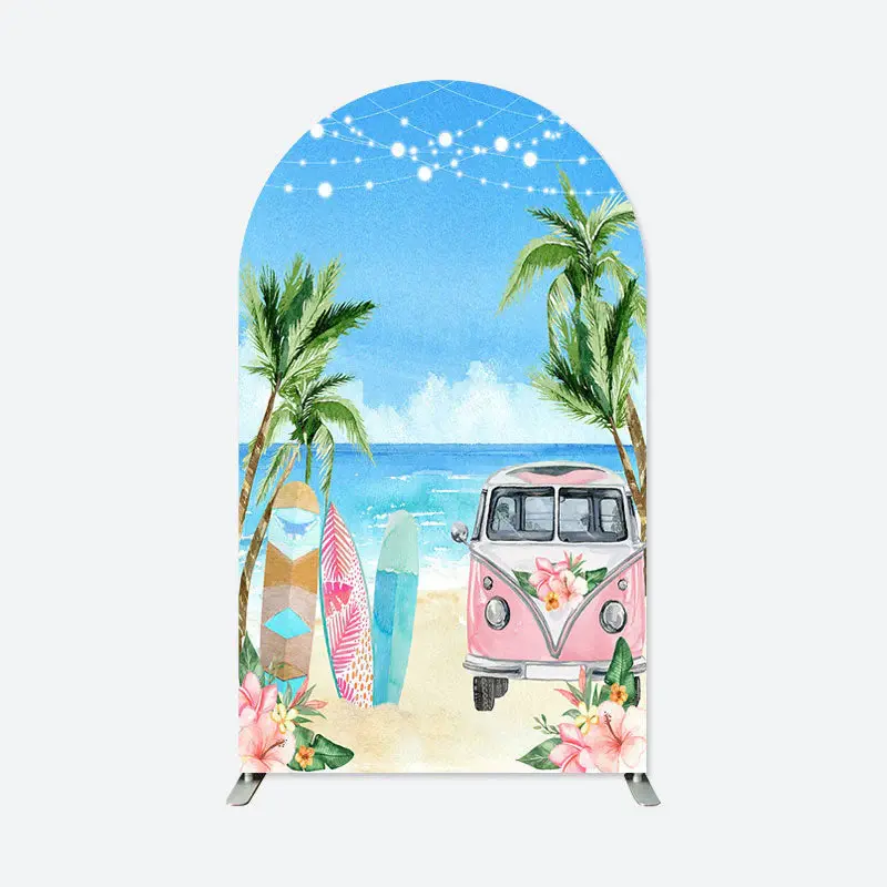 Aperturee Surfing Palm Trees Sandy Beach Summer Arch Backdrop | Diy Arch Backdrop Cover | Custom Chiara Arched Covers | Round...