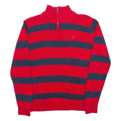 TOMMY HILFIGER Mens Patterned Jumper Red Striped 1/4 Zip Tight Knit L