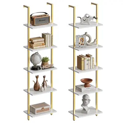 SUPERJARE 5-Tier Bookshelf, Narrow Book Shelf Set of 2, Open Wall-Mounted Ladder Shelf with Metal Frame, Display Bookcase for...