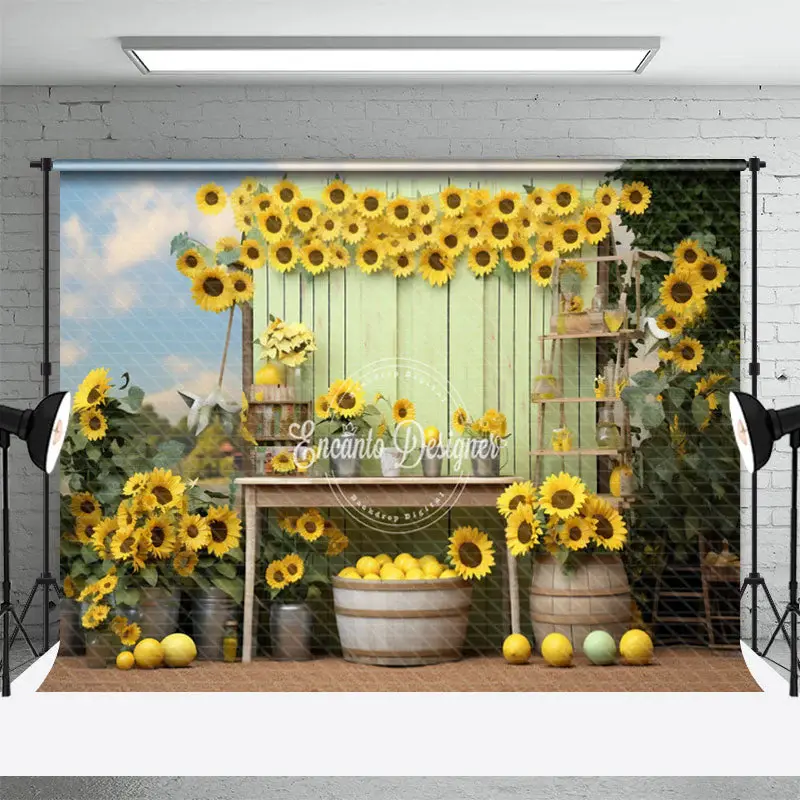 Sunflower Blue Sky Wooden Board Lemon Photo Backdrop - Aperturee