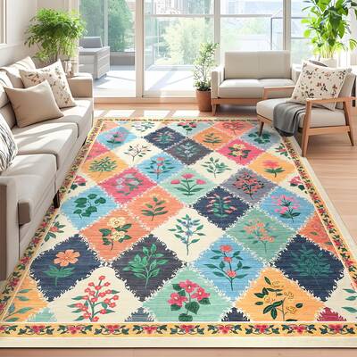 Garvee Modern Area Rug 5x7 - Floral Diamond Pattern, Non-Slip, 100% Polyester, Machine Washable, Stain-Resistant, Low Pile, B...