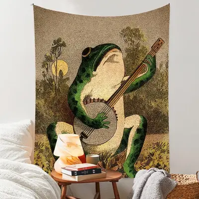 Room Decor Cartoon Frog Pattern Tapestry, 1 Count Home Decor Vintage Hanging Blanket, Farmhouse Wall Art Decor for Home Livin...