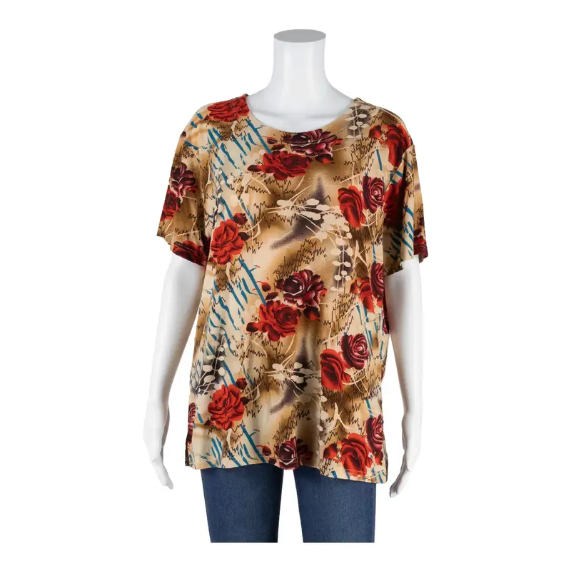 HAIJIE Y2K Floral Stretch Top Brown Crazy Pattern Short Sleeve Womens XL