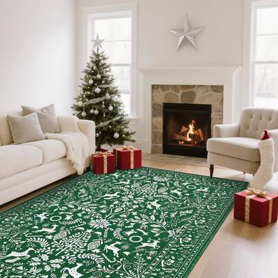Garvee Traditional Christmas Green 9x12 Heavy Duty Washable Non-Slip & Stain Resistant Rug for Fireplace, Living Room, Entryw...