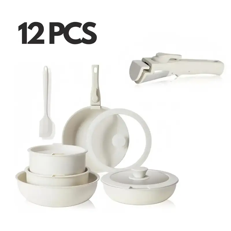 12 Pcs Non-Stick Cookware Set, Detachable Handles, Stackable Pots and Pans, Easy Cleaning, All-Stovetop Compatible Dishware O...