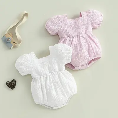 Baby Girl Bubble Romper Casual Short Puff Sleeve Square Neck Bodysuit Newborn Playsuit
