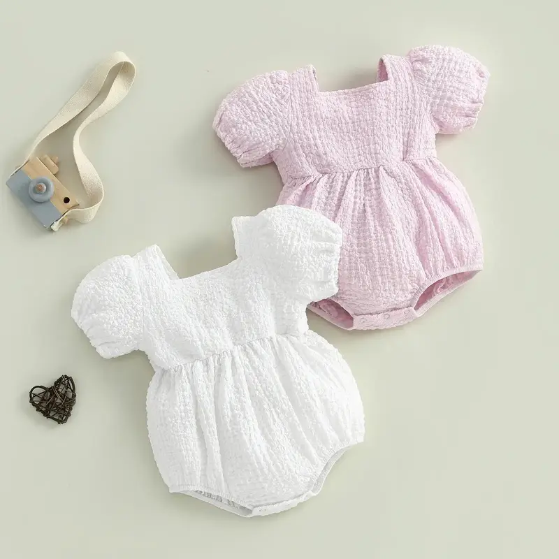 Baby Girl Bubble Romper Casual Short Puff Sleeve Square Neck Bodysuit Newborn Playsuit