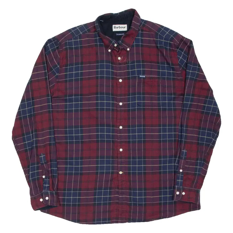 BARBOUR Tailored Fit Mens Flannel Shirt Red Check Long Sleeve 2XL