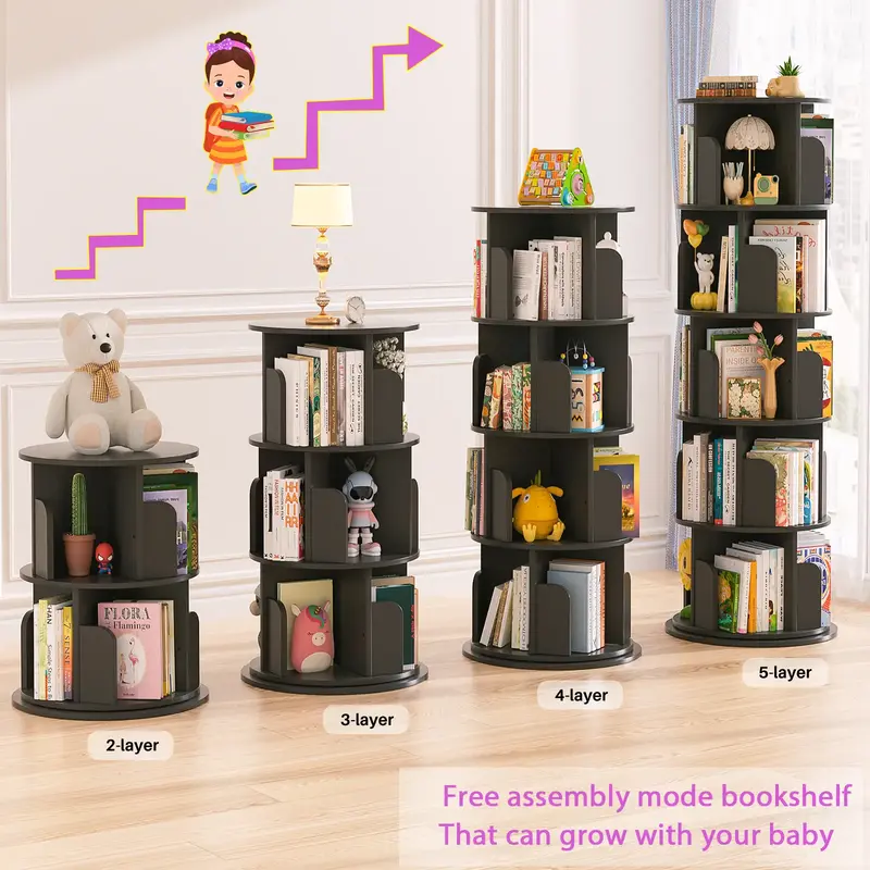 Unikito 5 Tier Rotating Bookshelf, 360 ° Display Stackable Spinning Bookshelf Tower, Narrow Space Saving Tall Floor Standing...