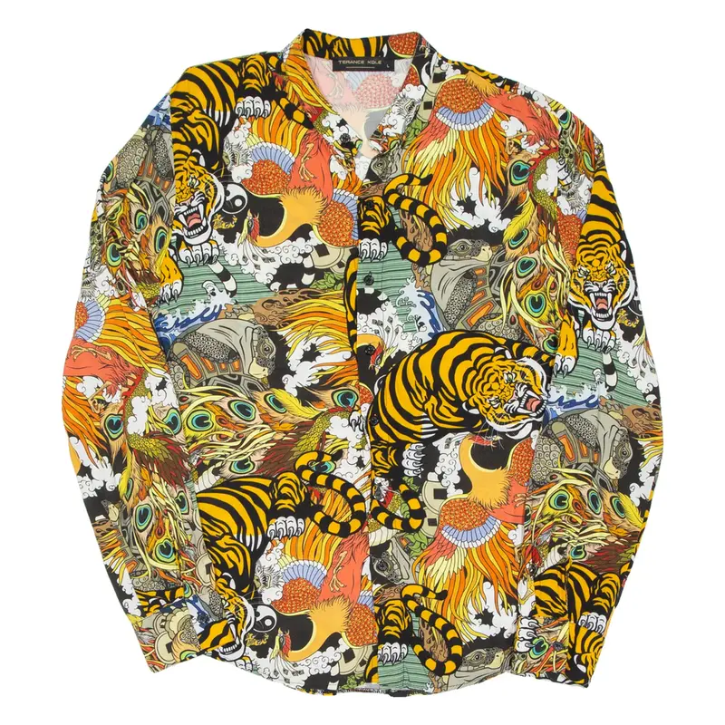 Mens Shirt Orange Crazy Pattern Long Sleeve L
