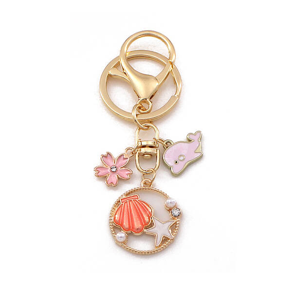Shell Starfish Alloy Enamel Pendant Keychain with Dolphin & Flower Charm