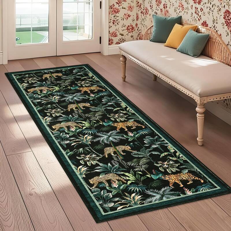 Garvee Black Tiger 2x6 Washable Tiger Rug Tropical Jungle Plant Non-Slip, Stain Resistant Low Pile, Non-Shedding Carpet for H...