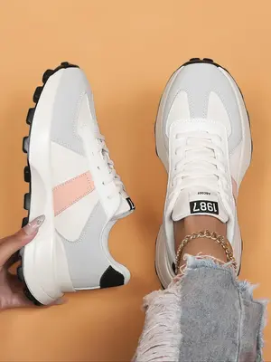 Women's Patchwork Lace Up Low Top Sneakers, 2024 New Style Fall Shoes, Women's Sneakers, Casual Comfort Sports Running Shoes,...