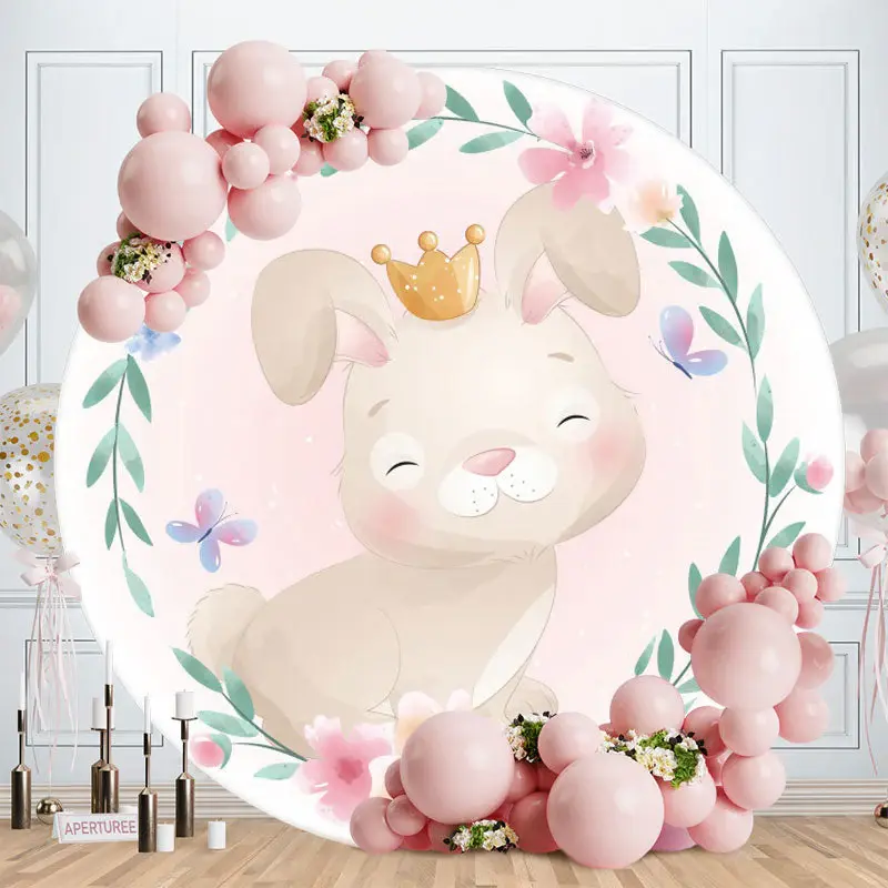 Aperturee Smiley Rabbit Round Pink Baby Shower Backdrop