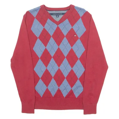 TOMMY HILFIGER Mens Patterned Jumper Red Argyle V-Neck Tight Knit XS
