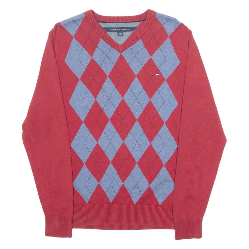 TOMMY HILFIGER Mens Patterned Jumper Red Argyle V-Neck Tight Knit XS