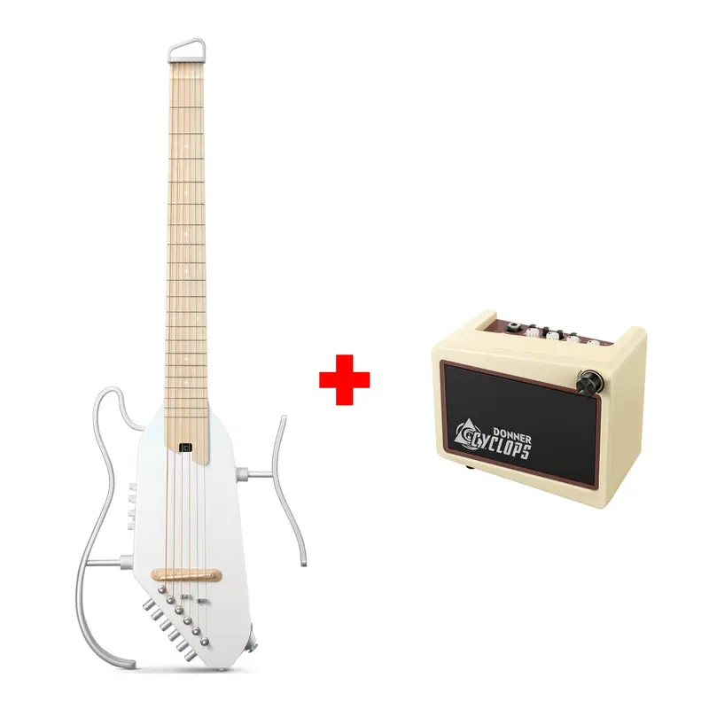 Donner HUSH™ I PRO Acoustic-Electric Travel Guitar - Metallic White / Guitar+Cyclops Amplifier