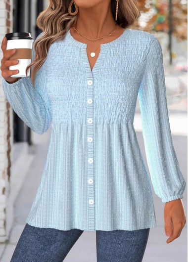 Modlily Light Blue Tummy Coverage Long Sleeve V Neck Blouse - L